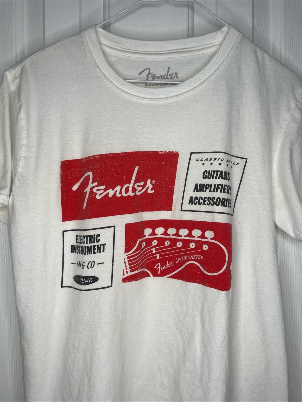 Fender White Short-Sleeve Tee with Red & Black Guitar Graphic